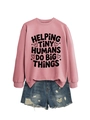 Flat lay of pink slogan sweatshirt with blue distressed denim shorts for casual wear - Rose Gold (Black Font)