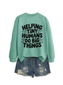 Mint green sweatshirt with helping tiny humans print and distressed denim shorts - Light Green (Black Text)