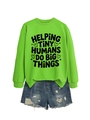 Flat lay of neon green sweatshirt with 'Helping Tiny Humans' text and denim shorts - Neon Green (Black Font)
