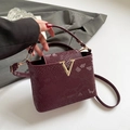 Burgundy snake-embossed bucket bag with golden V-hardware and adjustable crossbody strap - Red Snakeskin (6175)