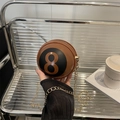 Brown round chain mini bag with black number 8 pool ball design and gold metal strap - Brown
