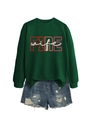 Detail of forest green sweatshirt with FIRE wife print and distressed denim shorts - Dark Green (White Letters Graphic)
