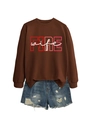 Close-up of FIRE wife print on brown crewneck sweatshirt with distressed denim shorts - Coffee (White Letters Graphic)