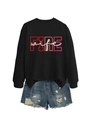 Detail of FIRE wife graphic print on black long sleeve sweatshirt and denim shorts - Black (White Text)