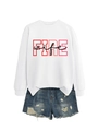 Flat lay of a white crewneck sweatshirt with FIRE wife print and distressed denim shorts - White (Black Text)