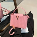 Pink woven texture shoulder bag with golden V-buckle and versatile detachable strap - Pink