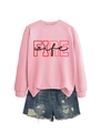 Close-up of FIRE wife print on pink crewneck sweatshirt with distressed denim shorts - Pink (Black Text)