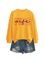 Detail of yellow round neck sweatshirt with FIRE wife print and ripped denim shorts - Yellow (Black Text)