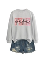 Flat lay of light grey crewneck sweatshirt with FIRE wife print and ripped denim shorts - Grey (Black Graphics)