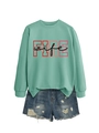 Flat lay of mint green crewneck sweatshirt with FIRE wife print and frayed denim shorts - Light Green (Black Graphics)