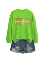 Detail of neon green crewneck sweatshirt with FIRE wife print and distressed denim shorts - Fluorescent Green (White Graphics)