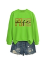Detailed flat lay of a neon green sweatshirt with FIRE wife print and ripped denim shorts - Fluorescent Green (Black Graphics)