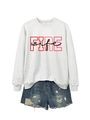 Detail of grey crewneck sweatshirt with FIRE wife print and distressed denim shorts - Off-White (Black Print)