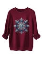 Detail van bordeaux sweatshirt met warme fleecevoering en blauwe glitter sneeuwvlok print - S / Tops / Bordeauxrood