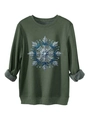 Detail van donkergroen sweatshirt met zilverblauwe sneeuwvlokprint en fleece binnenkant - S / Tops / Legergroen