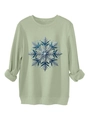 Detail van sneeuwvlokpatroon met metalen textuur op saliegroene sweatshirt met ronde hals - Olijfgroen