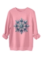 Detail van roze fleece sweatshirt met blauw pailletten sneeuwvlokpatroon en breisel - Perzik
