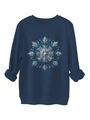 Detail van de feestelijke sneeuwvlokprint met glitter op deze marineblauwe trui - Marineblauw