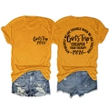 Front and back detail of orange cotton T-shirt with Girl's Trip 2026 slogan print - S / Mustard Yellow (Black Font)