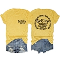Detail of Girl's Trip 2026 cotton t-shirt with Cheaper Than Therapy print and denim shorts - Yellow (Black Font)