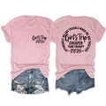 Detail view of pink Girls Trip 2026 t-shirt and distressed denim shorts casual outfit - Pink (Black Text)