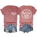 Detailed flat lay of brick red cotton T-shirt with Girl's Trip 2026 print and denim shorts - Rose Gold (White Font)