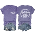 Front and back view of purple Girl's Trip 2026 T-shirt with blue denim shorts - Purple (White Font)