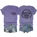 Flat lay of Girls Trip 2026 t-shirt and ripped denim shorts showing front and back design - Purple (Black Font)