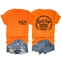 Detail view of orange t-shirt with graphic print and distressed denim shorts with frayed edges - Orange (Black Font)