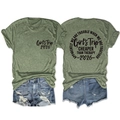 Front and back detail of green cotton blend t-shirt with Girls Trip 2026 graphic print - Olive Green (Black Font)