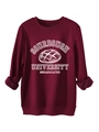 Close-up of ribbed cuffs and screen-printed breaducated graphic on burgundy sweatshirt - Burgundy