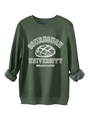 Detailed view of dark green fleece sweatshirt with Sourdough University print and soft lining - Army Green