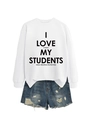Détail du sweat-shirt blanc avec imprimé I LOVE MY STUDENTS et short en jean délavé - S / Blanc (Police Noire)