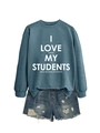 Sweatshirt graphique pour enseignant avec short en jean vieilli pour un style décontracté - S / Bleu (Police Blanche)