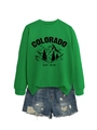 Détail du sweat-shirt Colorado vert avec un ensemble de shorts en jean délavé - S / Vert Herbe (Imprimé Noir)