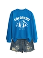 Flat lay set with royal blue Colorado sweatshirt and distressed ripped denim shorts - Lake Blue (White Print)