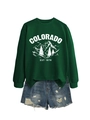 Detail of dark green Colorado EST 1876 sweatshirt with mountain print and denim shorts - Dark Green (White Print)