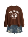 Flat lay of brown Colorado Est graphic sweatshirt paired with distressed denim shorts - Coffee (White Print)