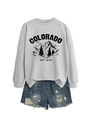 Flat lay of gray Colorado 1876 sweatshirt and distressed denim shorts set - Grey (Black Print)
