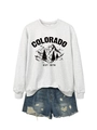 Flat lay of a grey Colorado graphic sweatshirt paired with distressed denim shorts - Off White (Black Print)