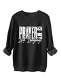 Detail of white vintage text print on a thick black fleece-lined crewneck sweatshirt - S / Black