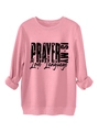 Detailed view of pink fleece sweatshirt featuring Prayer is My Love Language print - S / Peach