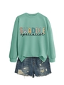 Mint green crewneck sweatshirt paired with blue distressed denim shorts set - Light Green Sweatshirt (Black Text)