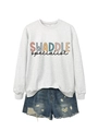Detail view of grey sweatshirt with SWADDLE specialist print and size S label - Off-white Sweatshirt (Black Graphic)