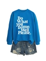 Close-up of ribbed cuffs and slogan print on a blue round neck sweatshirt - Lake Blue (White Font)