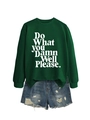 Detailed flat lay of dark green sweatshirt with white text print and frayed denim shorts - Dark Green (White Font)