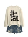 Flat lay of off-white crewneck sweatshirt with slogan and ripped denim shorts - Sand (Black Font)