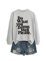 Detail of grey crewneck sweatshirt with 'Do What YOU Damn Well Please' text and denim shorts - Grey (Black Font)