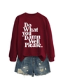 Flat lay of a burgundy crewneck sweatshirt with white text and distressed denim shorts - Wine Red (White Font)