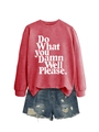 Close-up of brick red crew neck sweatshirt with slogan and distressed denim shorts - Red (White Font)